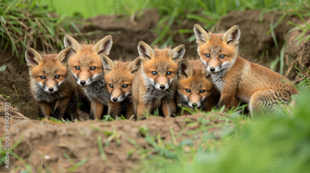 A Family of Fox Kits Peeking From Their Burrow A Family of Fox Kits Peeking From Their Burrow