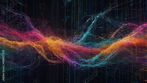 Image of a colourful data stream flowing through a cyber network, highlighting the complexity of digital information transfer. photo