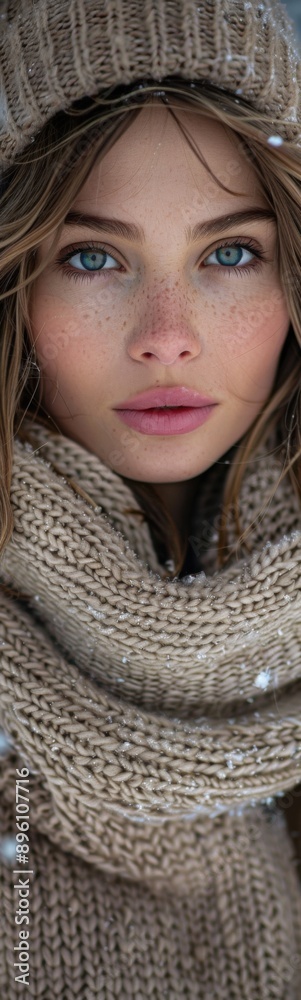 Fototapeta premium Blond woman wearing a hat and scarf in the snow