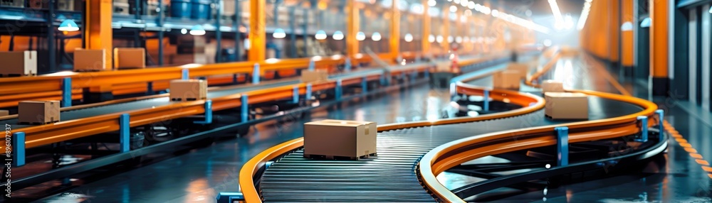 Modern warehouse with automated conveyor belts transporting packages in a streamlined logistic process.