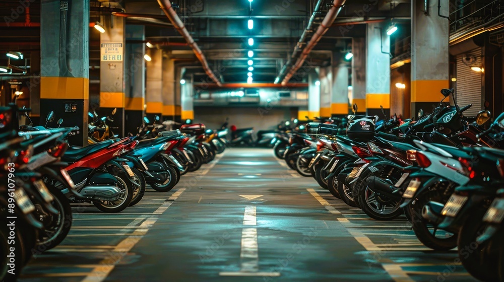 Fototapeta premium Parked motorcycles in a dimly lit underground parking garage, showcasing urban transportation and modern design.