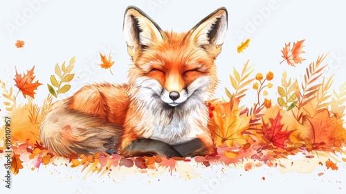 A cute red fox with closed eyes is lying in a bed of autumn leaves.