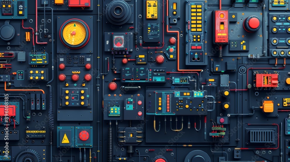 Obraz premium Abstract digital control panel with colorful buttons and switches.