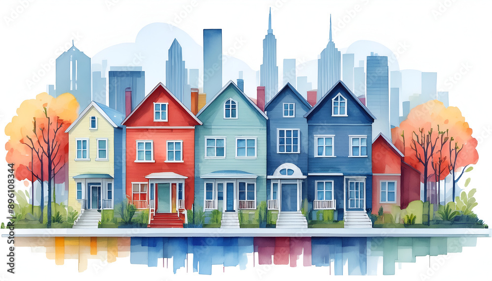 Colorful Row Houses in Front of a City Skyline