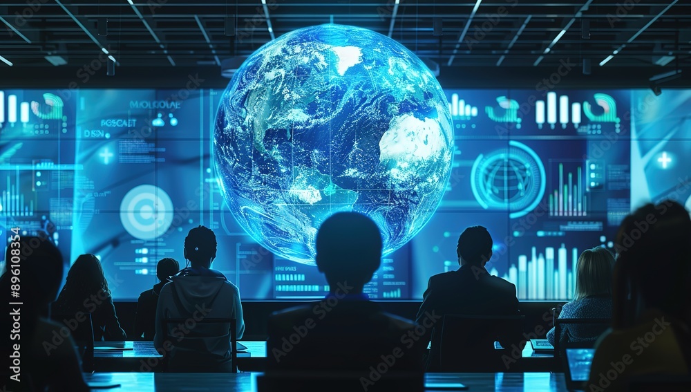 Futuristic Office with Holographic Graphs and Global Network of Business People Collaborating on Digital Projects, Blue Corporate Atmosphere, Cityscape View, and Cultural Symbols Futuristic Office with Holographic Graphs and Global Network of Business People Collaborating on Digital Projects, Blue Corporate Atmosphere, Cityscape View, and Cultural Symbols