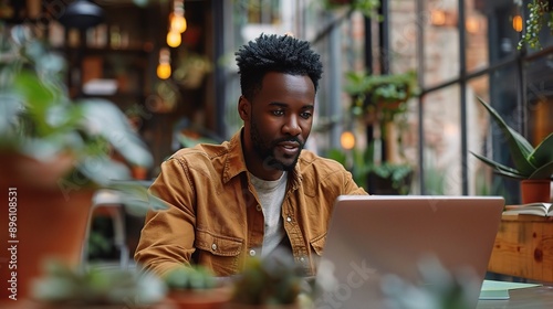 A young Black man engrossed in his laptop, finding focus amidst the vibrant greenery of a trendy cafe. 