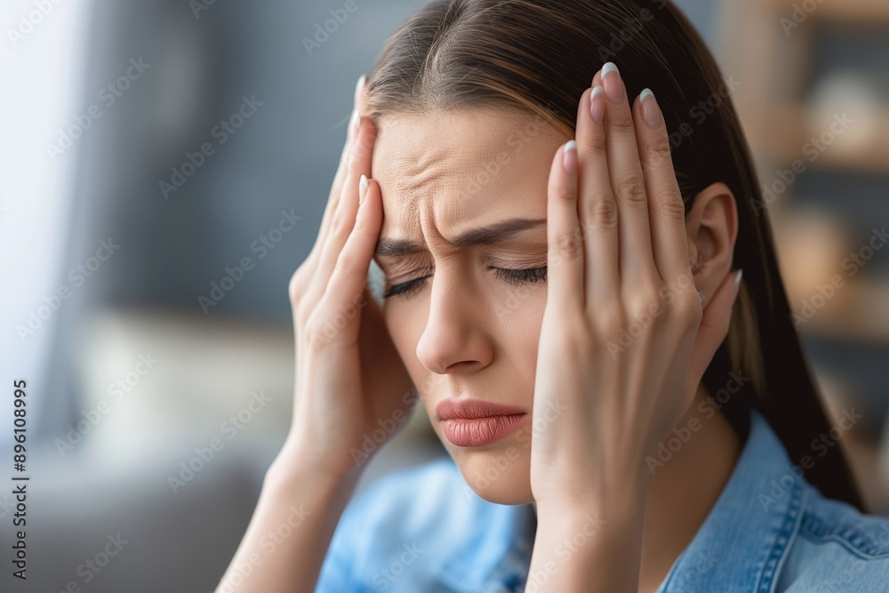 A young woman holds her head with closed eyes, experiencing a headache inside a well-lit room during the day. A young woman holds her head with closed eyes, experiencing a headache inside a well-lit room during the day.