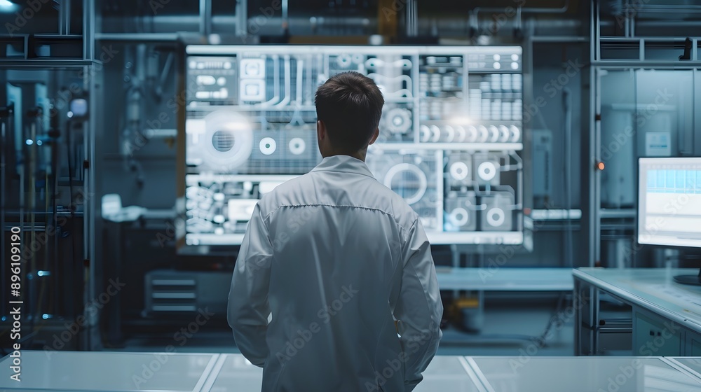 A man in a blue jacket is standing in front of a computer monitor that displays a robot. The robot is on the right side of the monitor and is surrounded by other robots A man in a blue jacket is standing in front of a computer monitor that displays a robot. The robot is on the right side of the monitor and is surrounded by other robots