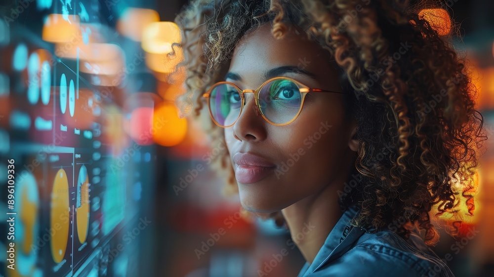 A young woman with glasses and curly hair intensely analyzing data on a digital display, surrounded by a dynamic, technology-driven environment with soft lighting. A young woman with glasses and curly hair intensely analyzing data on a digital display, surrounded by a dynamic, technology-driven environment with soft lighting.