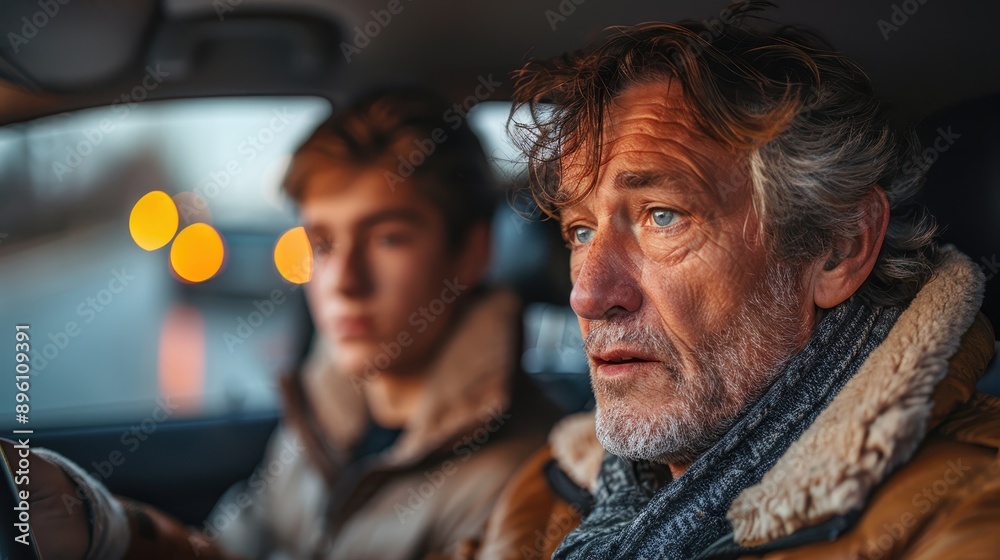 A close-up of a concerned father speaking to his son inside a car, with blurred lights in the background. It captures the essence of a serious discussion indoors. A close-up of a concerned father speaking to his son inside a car, with blurred lights in the background. It captures the essence of a serious discussion indoors.