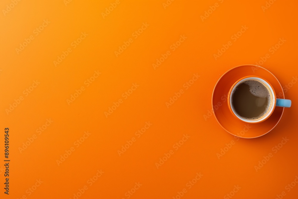 A blue cup filled with coffee is placed on a vibrant orange background, creating a striking color contrast. A blue cup filled with coffee is placed on a vibrant orange background, creating a striking color contrast.