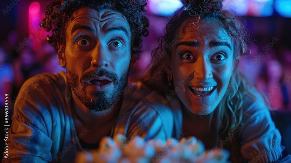 A couple with surprised expressions enjoys their night out in an entertainment venue, with bright lights and a lively atmosphere around them, sharing a moment of amazement. A couple with surprised expressions enjoys their night out in an entertainment venue, with bright lights and a lively atmosphere around them, sharing a moment of amazement.