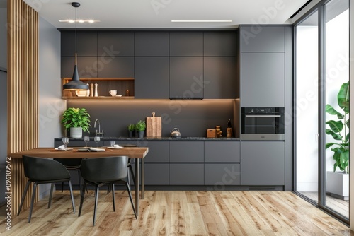 Interior of modern kitchen with black and wooden walls, wooden floor, gray countertops and wooden cupboards.