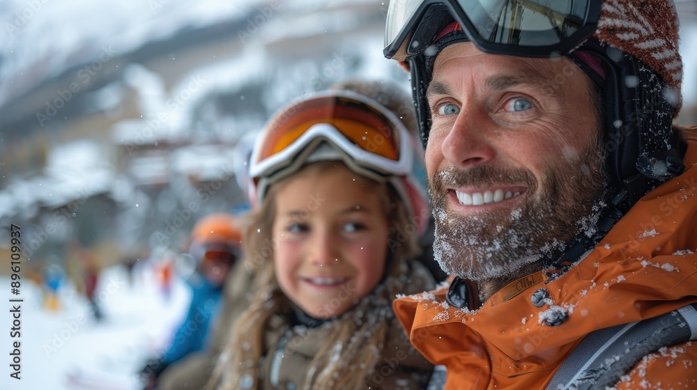 A father and his daughter smiling happily in a snowy ski resort, both donning ski gear, showcasing warmth, excitement, and the joy of spending quality time together outdoors. A father and his daughter smiling happily in a snowy ski resort, both donning ski gear, showcasing warmth, excitement, and the joy of spending quality time together outdoors.