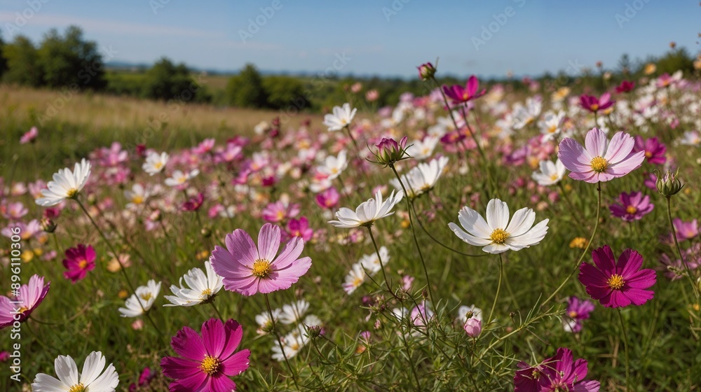 Colorful Wildflower Meadow in Bloom Under Clear Sky Colorful Wildflower Meadow in Bloom Under Clear Sky