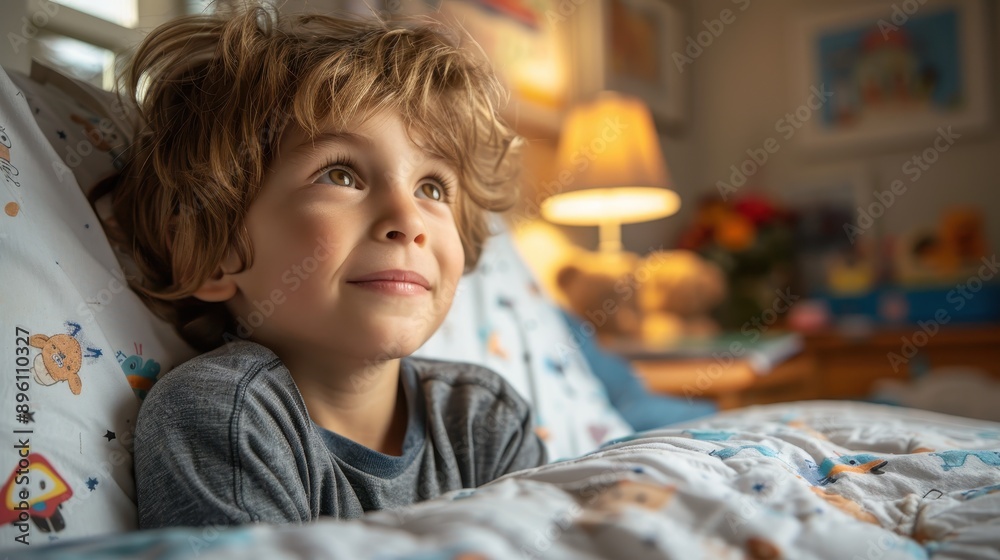 A smiling child lies comfortably in bed, with light coming from a nearby lamp; the scene captures the essence of joy, safety, comfort, and the magic of childhood. A smiling child lies comfortably in bed, with light coming from a nearby lamp; the scene captures the essence of joy, safety, comfort, and the magic of childhood.