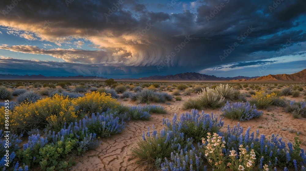 Obraz premium Desert Bloom with Yellow Wildflowers and Mountain View