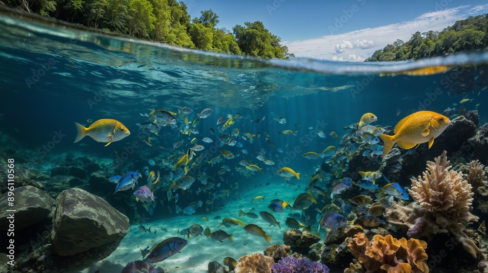 Underwater View of Colorful Fish in Tropical River with Lush Forest Underwater View of Colorful Fish in Tropical River with Lush Forest