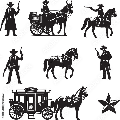 stagecoach carriage Wild west cowboy with longhorn horse icons vector silhouette collection
