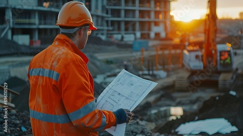A construction worker wearing an orange jacket and a hard hat is looking at a blueprint. The scene is set in a construction site with a crane in the background