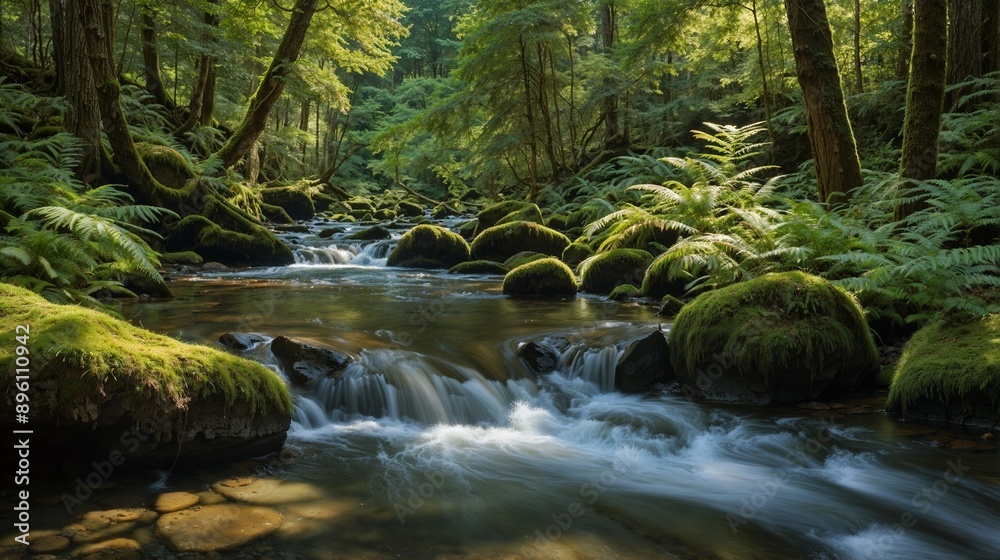 Serene Forest Stream: Lush Greenery, Mossy Rocks, Flowing Water, Tranquil Nature, Scenic Beauty, Forest Landscape, Peaceful Stream Serene Forest Stream: Lush Greenery, Mossy Rocks, Flowing Water, Tranquil Nature, Scenic Beauty, Forest Landscape, Peaceful Stream