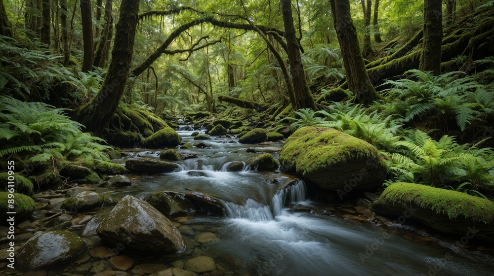 Serene Forest Stream: Lush Greenery, Mossy Rocks, Flowing Water, Tranquil Nature, Scenic Beauty, Forest Landscape, Peaceful Stream