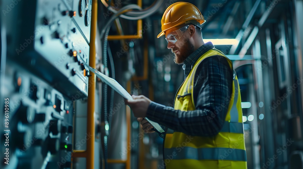 A construction worker wearing an orange jacket and a hard hat is looking at a blueprint. The scene is set in a construction site with a crane in the background A construction worker wearing an orange jacket and a hard hat is looking at a blueprint. The scene is set in a construction site with a crane in the background