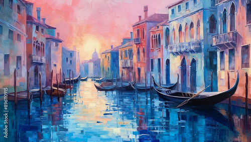 Venice - Gouache, Venice, canal, gondolas, water, sunset, reflection, buildings, Italy, painting, architecture, colorful, boats, travel, tourism, cityscape, romantic photo