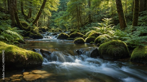 Serene Forest Stream: Lush Greenery, Mossy Rocks, Flowing Water, Tranquil Nature, Scenic Beauty, Forest Landscape, Peaceful Stream