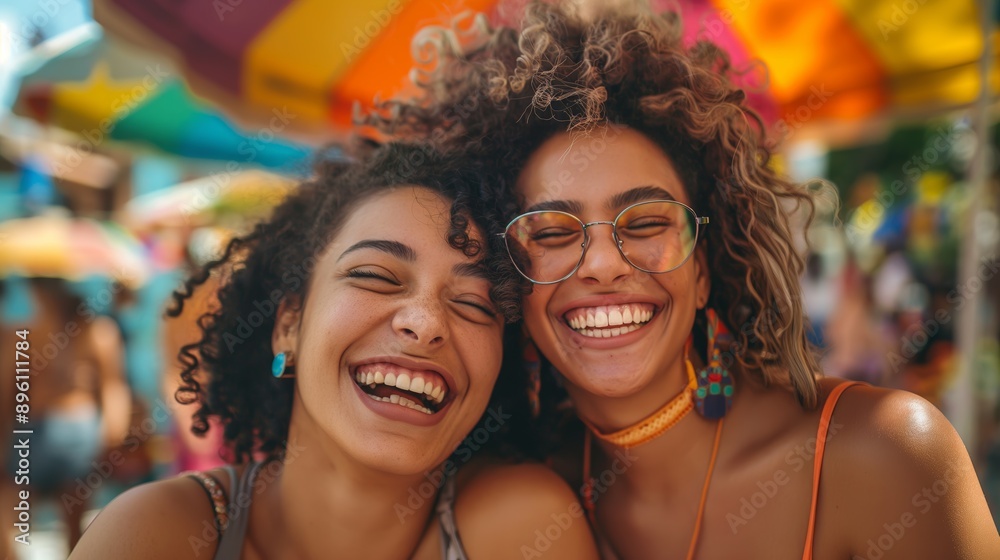 Vibrant lesbian couple enjoying a fun day out. Represents diversity, joy, and LGBTQ+ themes for inclusive campaigns.