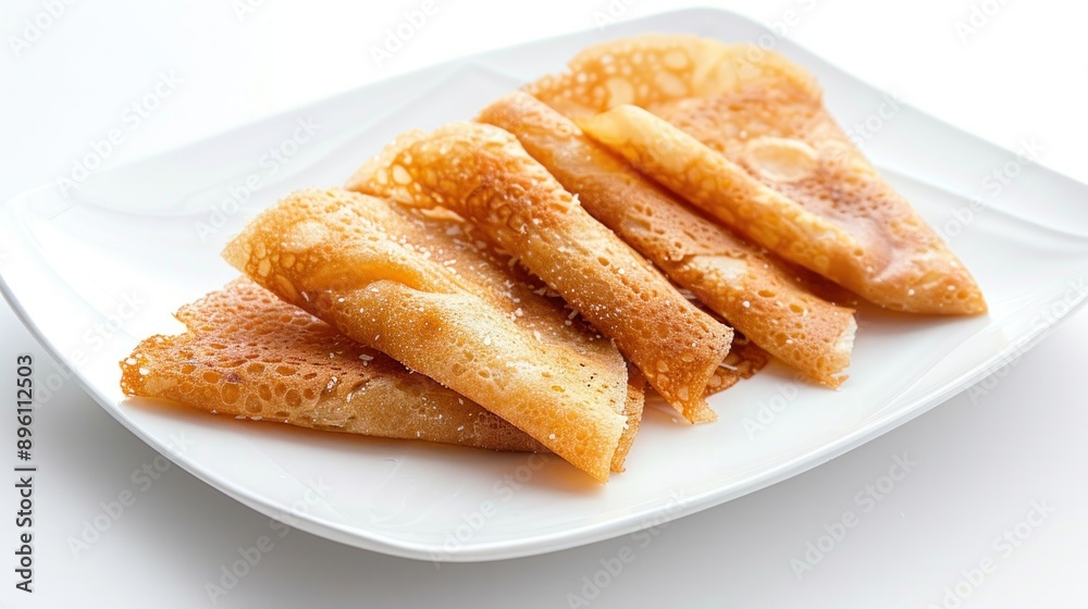 Khanom Bueang, delicate crispy crepes filled with sweet grated coconut and palm sugar, arranged on a clean white platter Khanom Bueang, delicate crispy crepes filled with sweet grated coconut and palm sugar, arranged on a clean white platter