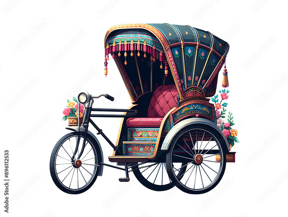 Fototapeta premium Asian Indian floral rickshaw vector art illustration isolated on a white background