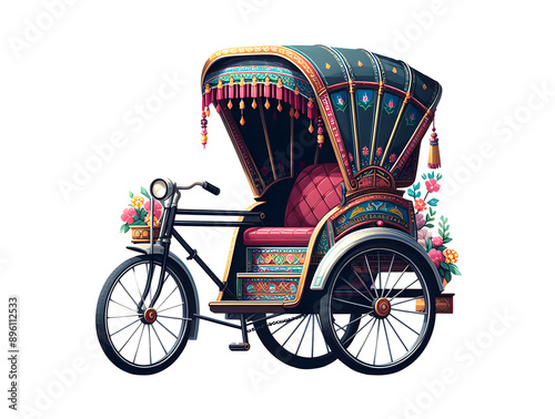 Asian Indian floral rickshaw vector art illustration  isolated on a white background
