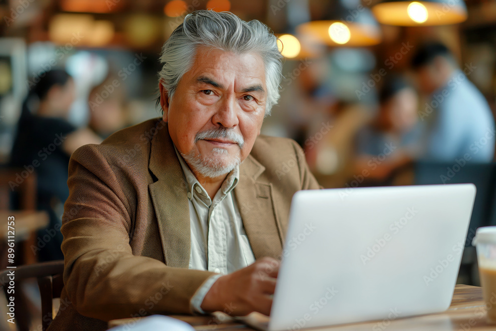 Experienced professional working in a modern cafe. An ideal photo for illustrating mature business expertise, remote work, or senior entrepreneurship in diverse commercial and editorial contexts Experienced professional working in a modern cafe. An ideal photo for illustrating mature business expertise, remote work, or senior entrepreneurship in diverse commercial and editorial contexts