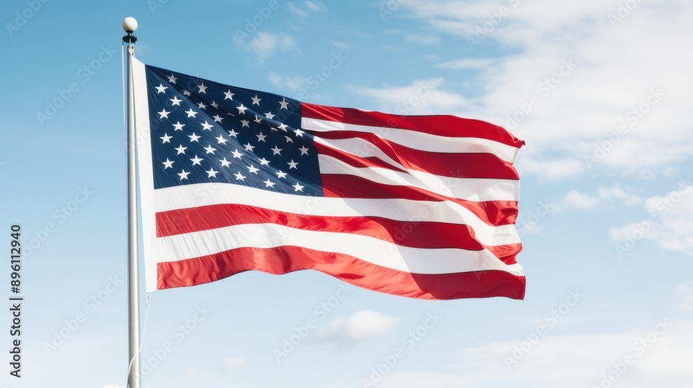 Fototapeta premium The American flag, waving proudly in the wind against a clear blue sky,