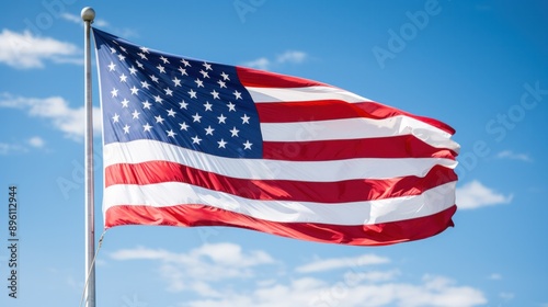 The American flag, waving proudly in the wind against a clear blue sky,