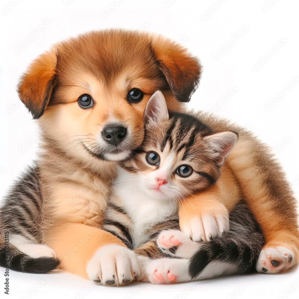 Cute kitty and puppy cuddling together isolated on white background Cute kitty and puppy cuddling together isolated on white background
