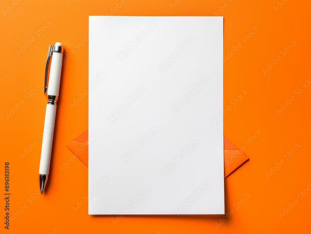Top view of blank paper, envelope, and pen on orange background with space for text Top view of blank paper, envelope, and pen on orange background with space for text