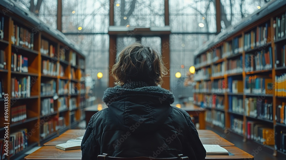 Individual sits alone at a wooden table in a quiet library reading a book, surrounded by rows of shelves filled with books, against a backdrop of modern large windows. Individual sits alone at a wooden table in a quiet library reading a book, surrounded by rows of shelves filled with books, against a backdrop of modern large windows.