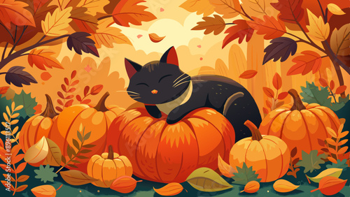 Cozy autumn illustration, cute black cat sleeping among vibrant pumpkins and golden leaves, perfect for seasonal decor and greeting cards