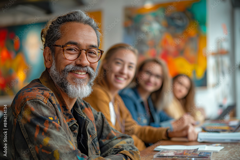 Obraz premium Excited team in creative meeting. Colleagues in a vibrant art studio actively brainstorming and collaborating on a project. Ideal for illustrating teamwork, creativity