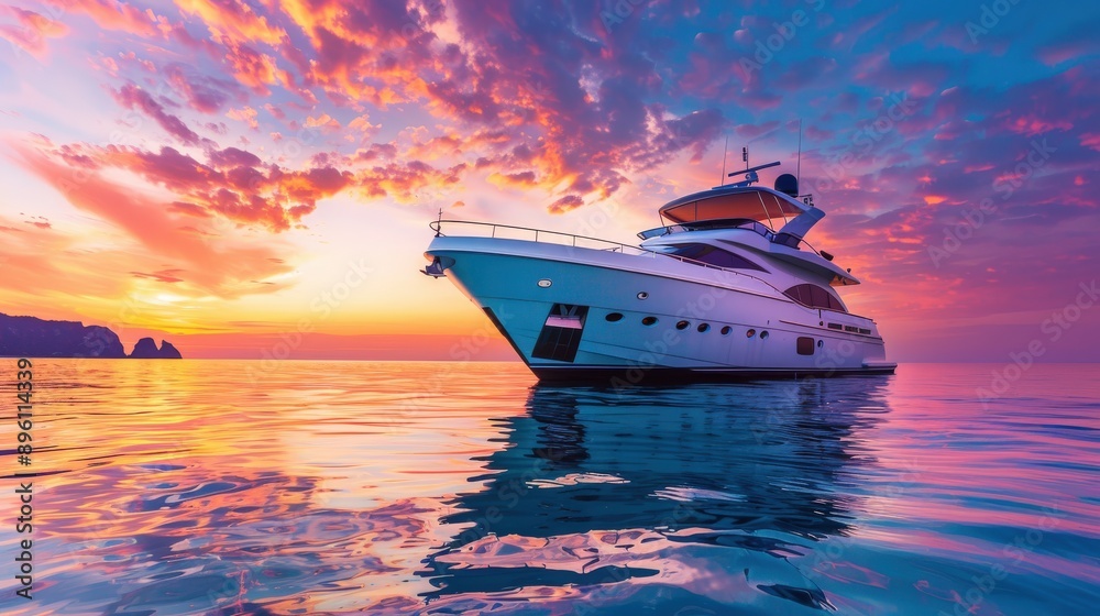 Luxury yacht sailing on calm sea at sunset with dramatic sky Luxury yacht sailing on calm sea at sunset with dramatic sky