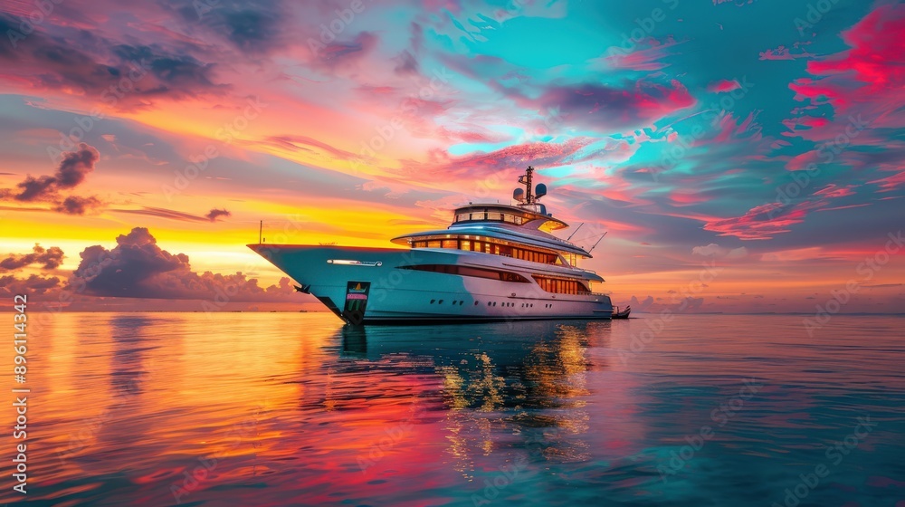 Naklejka premium Luxury yacht floating on calm water during sunset with dramatic clouds