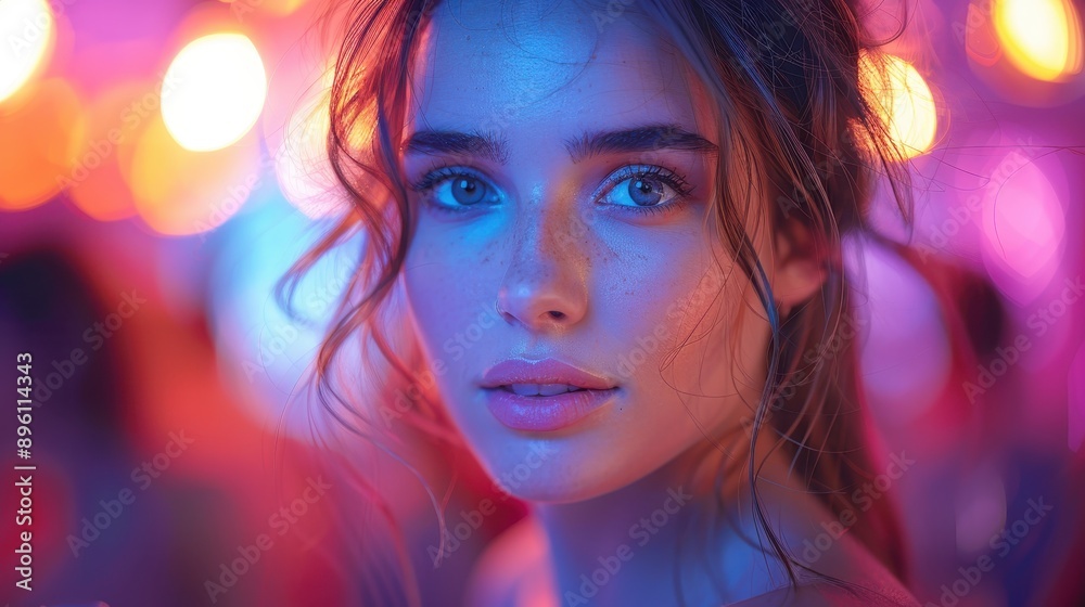 A striking close-up portrait of a young woman with freckles, surrounded by vibrant, colorful bokeh lights in the background, capturing a lively and playful atmosphere.