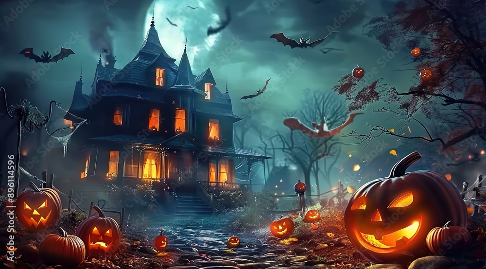 Halloween night background with pumpkins and a haunted house, a spooky Halloween scene Halloween night background with pumpkins and a haunted house, a spooky Halloween scene