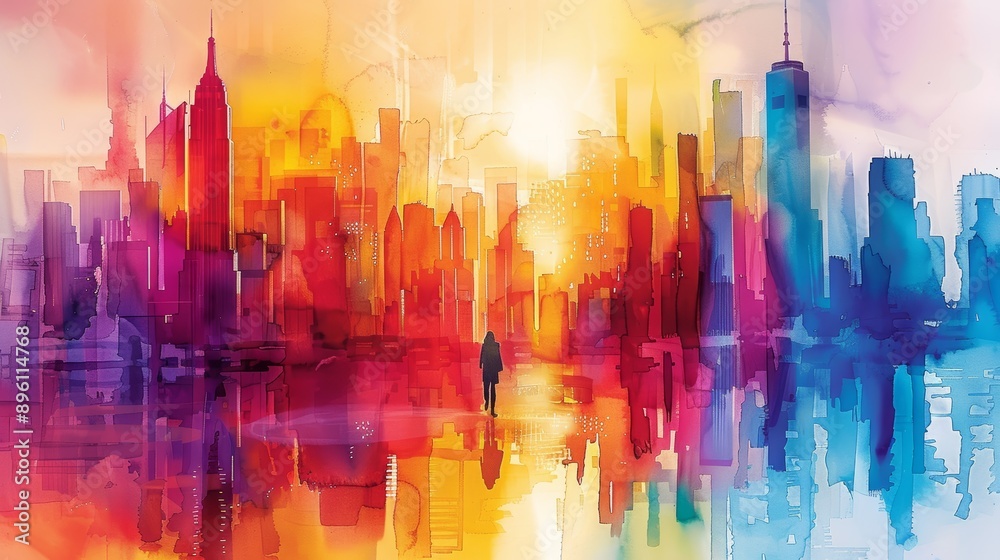 Vibrant watercolor painting of a city skyline with bright colors and reflections, capturing urban beauty and artistic expression. Vibrant watercolor painting of a city skyline with bright colors and reflections, capturing urban beauty and artistic expression.