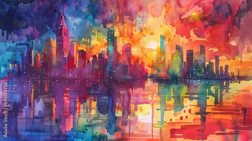 Vibrant watercolor painting of a city skyline at sunset with colorful reflections in the water, showcasing a lively urban atmosphere. Vibrant watercolor painting of a city skyline at sunset with colorful reflections in the water, showcasing a lively urban atmosphere.