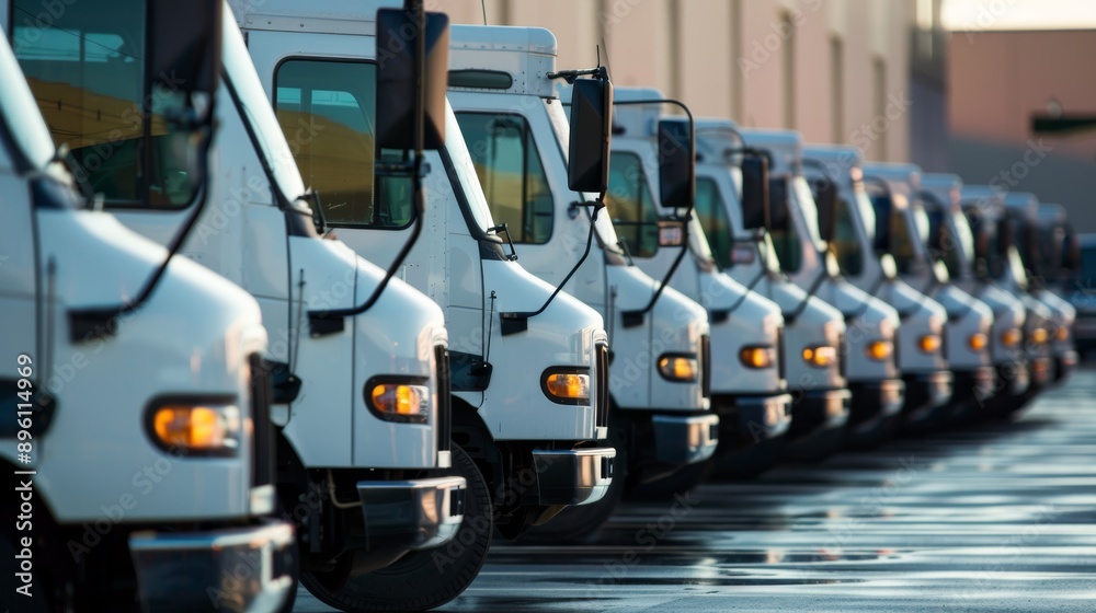 Fleet of Delivery Trucks in a Distribution Center at Sunrise - Efficient Logistics and Cargo Transport Fleet of Delivery Trucks in a Distribution Center at Sunrise - Efficient Logistics and Cargo Transport