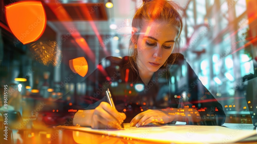 A woman sits at a table, focused on writing with pen and paper A woman sits at a table, focused on writing with pen and paper