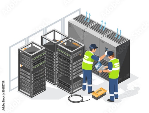 hvac air conditioner computer room temperature control system in server room engineers installation isometric isolated industrial concept illustration